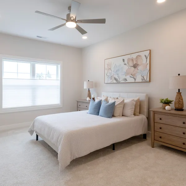 Primary bedroom in a single-level Rabbit Ridge senior living duplex in Syracuse, Indiana.