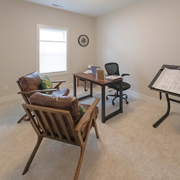 Second bedroom set up as a home office in a Rabbit Ridge active senior living home in Syracuse, Indiana.